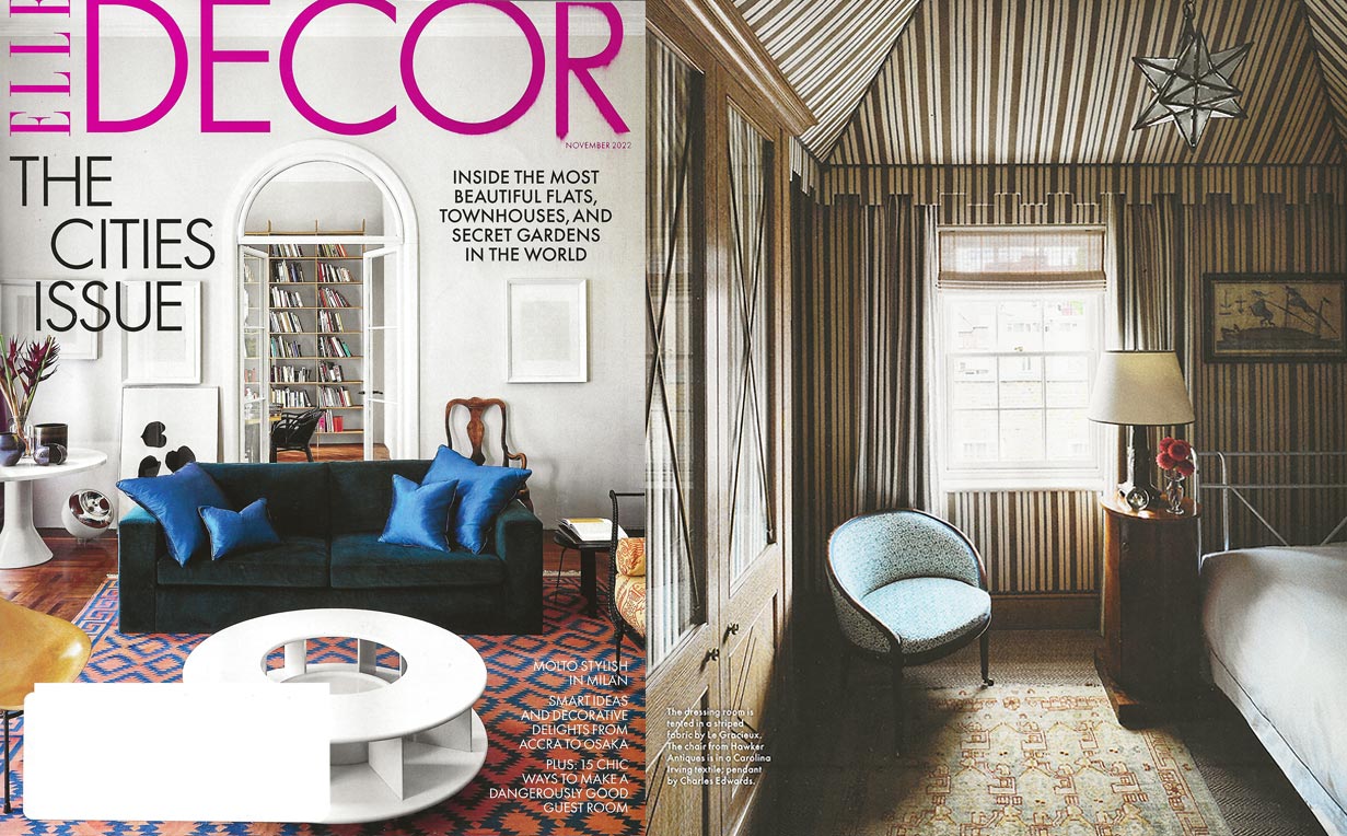 Elle Decor highlights Montauk Stripe color 'Sepia/bay' (walls and ceiling)